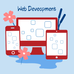 mobile phone, desktop computer and tablet graphic : Words: Web Development