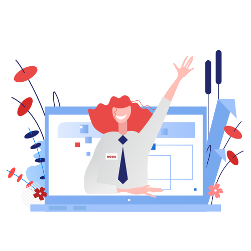Graphic of a friendly technical support woman extending through a laptop screen , in shades of red, white blue.