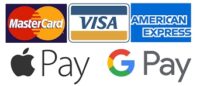 payment options: mastercard, visa, american express, apple pay, and google pay