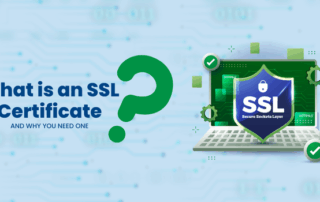 graphic of a computer with a security shield with words: what is an ssl certificate?