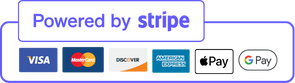 Words Powered by Stripe and logos of Visa, Mastercard, Discover, Amex, Apple Pay, and Google Pay.