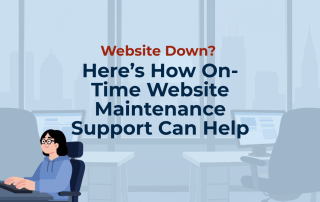 Illustration of a person working at a computer in an office setting with text that reads: Website Down? Here’s How On-Time Website Maintenance.