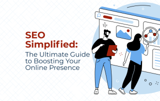 Graphic titled "SEO Simplified: The Ultimate Guide to Boosting Your Online Presence." An illustration shows two people analyzing a large web browser window containing charts, a magnifying glass, and data visualizations.