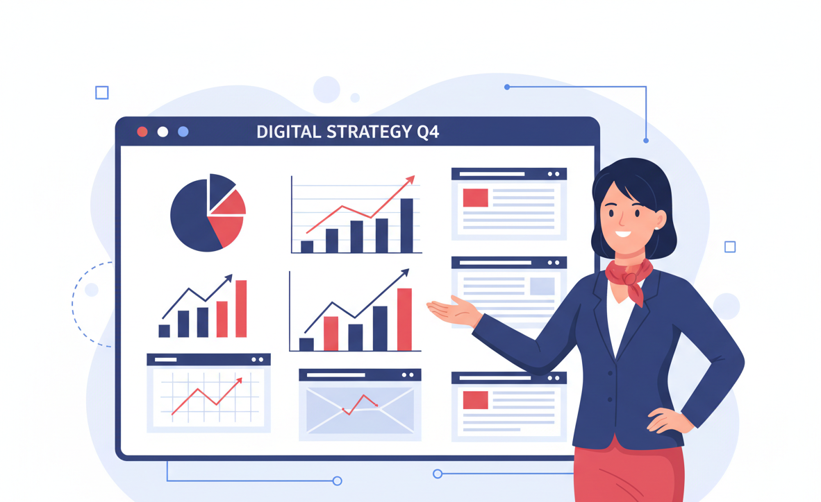 graphic image of a woman pointing to charts