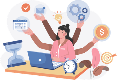 Grahpic image of a person multitasking in a desk