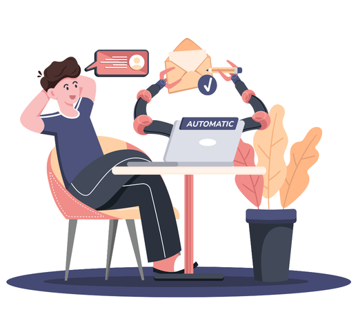 WEB DESIGN Graphic image of someone sitting at a desk watching their computer watching process automations reperesenting web design and development