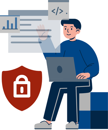 Website Security Maintenance person sitting at a computer, monitoring code and page activity for security management.